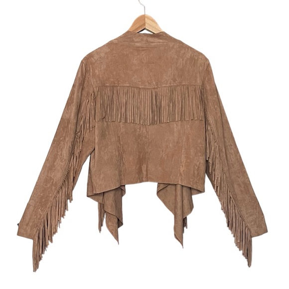City Chic Stone Brown Tan Faux Suede Fringe Open Front Jacket 16 - Picture 2 of 3
